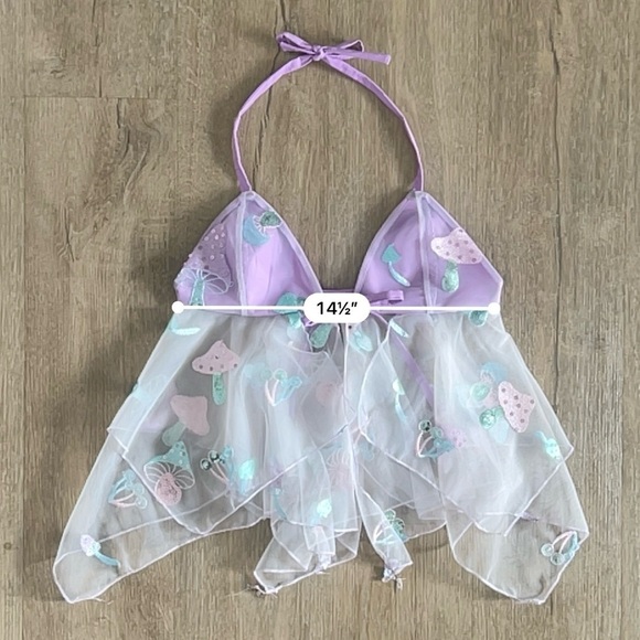 Handmade Y2K Fairycore Mushroom Babydoll Halter Top – Lilac Purple - Size S - Picture 8 of 9